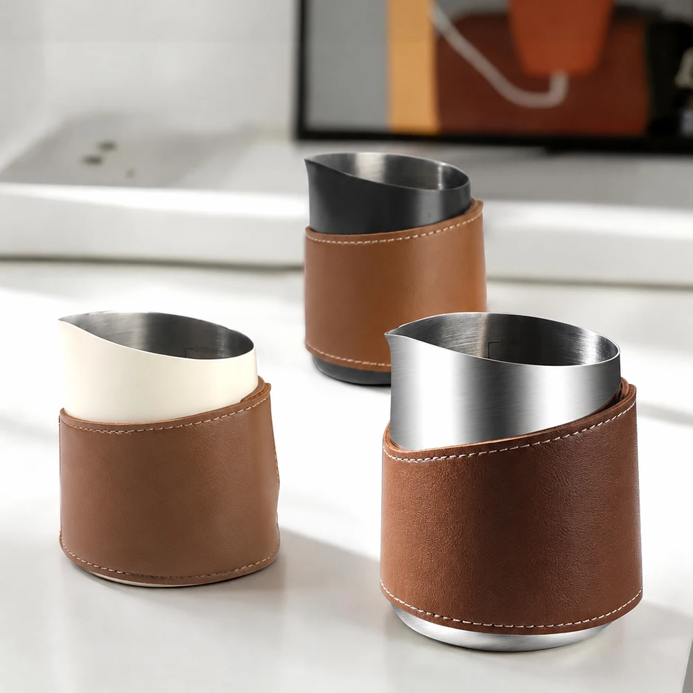 316 Stainless Steel Milk Frothing Pitcher 350ml 500ml Latte Art Jug with Leather Sleeve Precision Spout Espresso Barista Tool