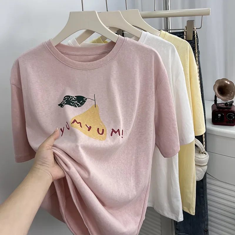 Women's Pear Print Cotton T Shirt Summer Loose Short Sleeve Casual Tee