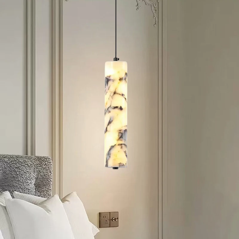 

Cylinder Natural Marble Chandelier Dimmable Art Deco For Indoor Bedside Restaurant Kitchen Stone Pendant Lamp