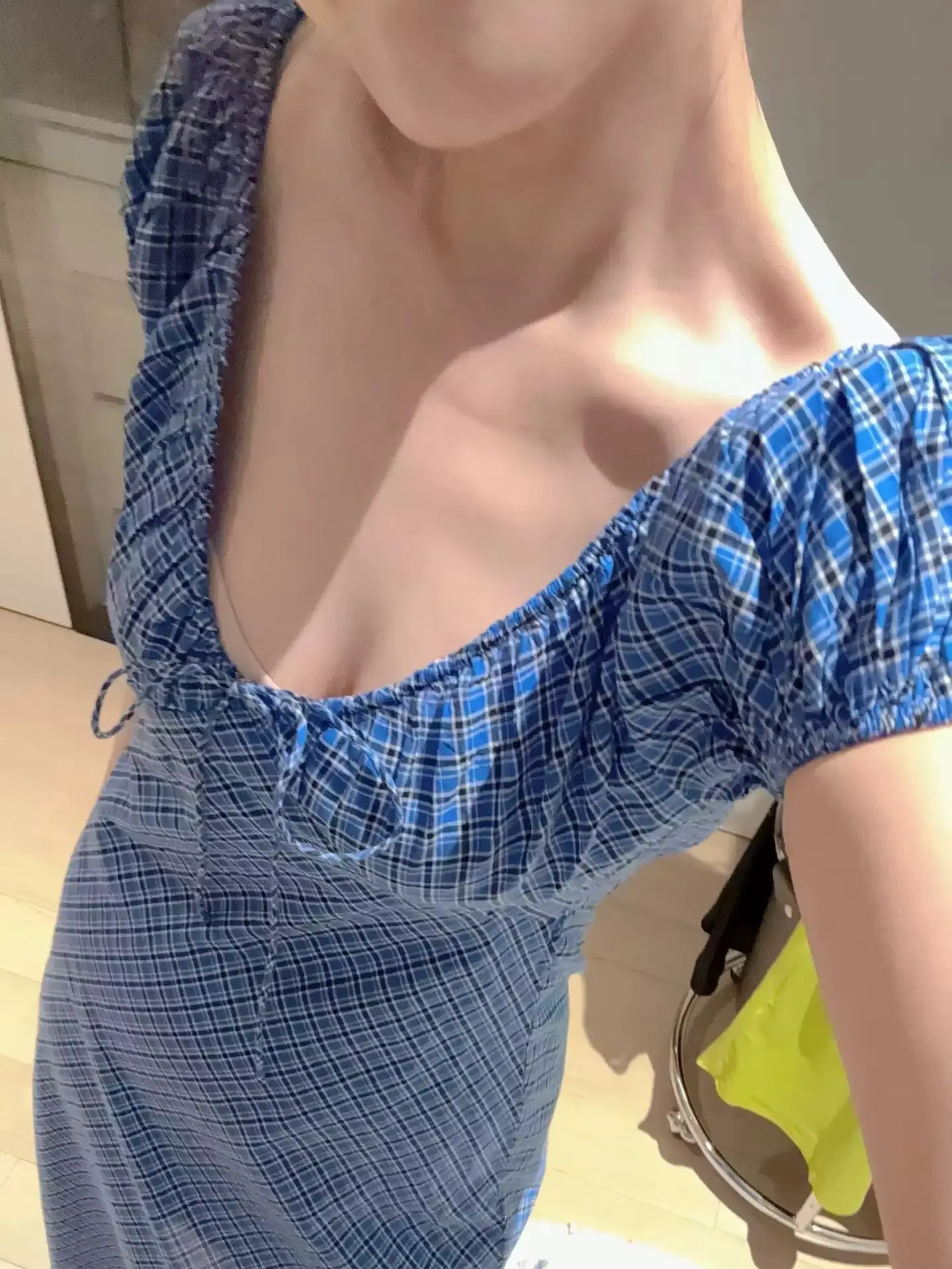 2026 Women Blue Plaid Long Dress 100% Cotton U-Neck Short Sleeve High Waist Casual Female Robe