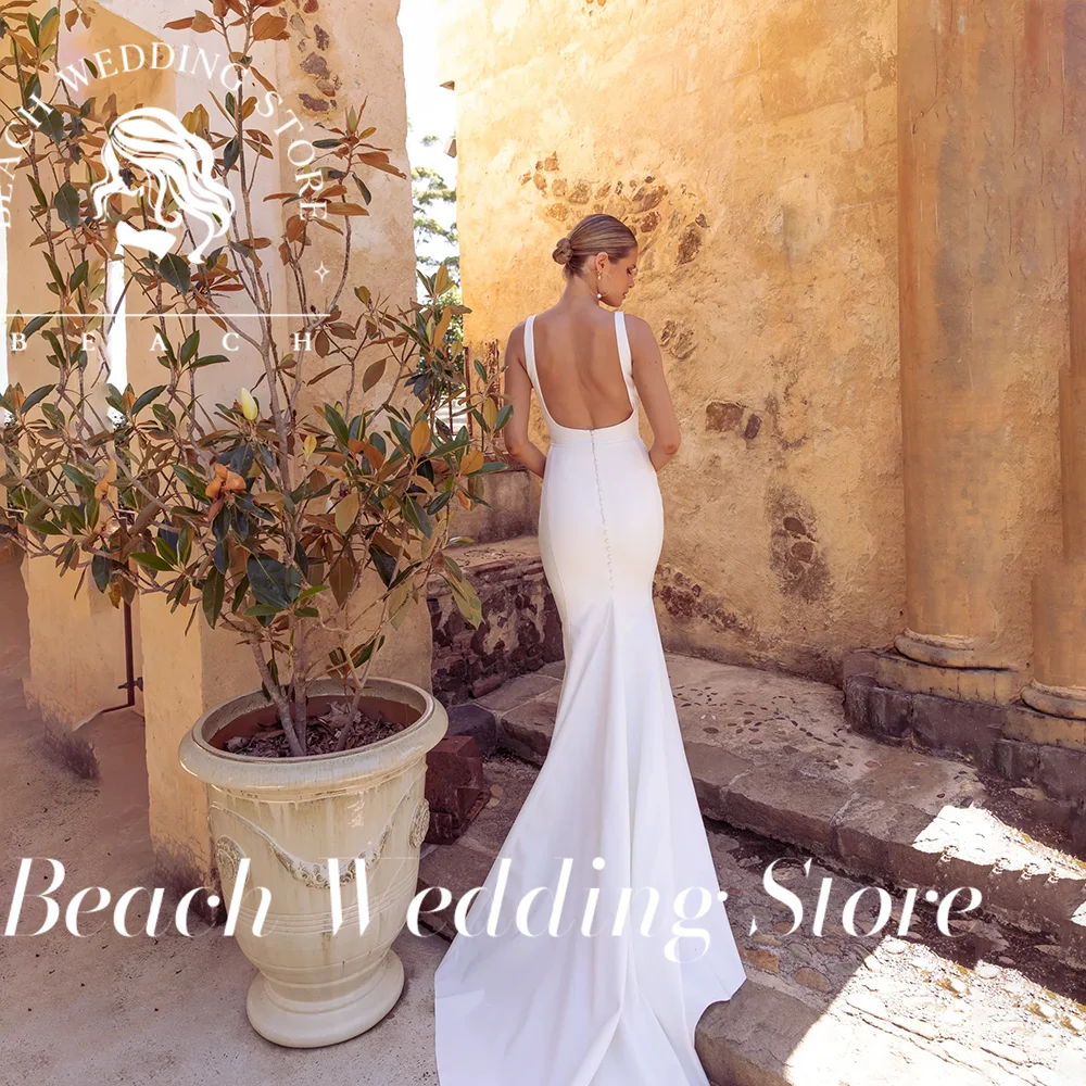 Robe de mariée sirène de plage, col carré, dos nu, sans manches, longueur au sol, Design minimaliste, Simple et élégante, personnalisée