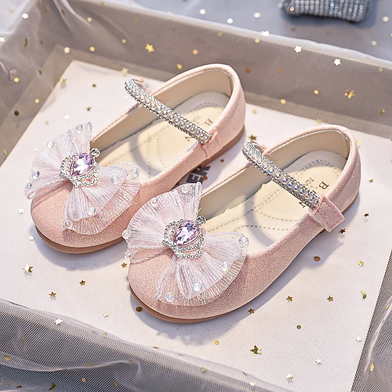 Girls Mary Jane Shoes with Bow-knot Fashion Kids Pearls Crown Princess Shoes for Party Wedding Children Leather Shoes