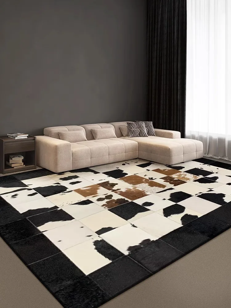 American Style Luxury Genuine Cowhide Carpet Natural Cow Fur Handmade Rug for Bedroom Decor Big Size Black White Plaid Floor Mat