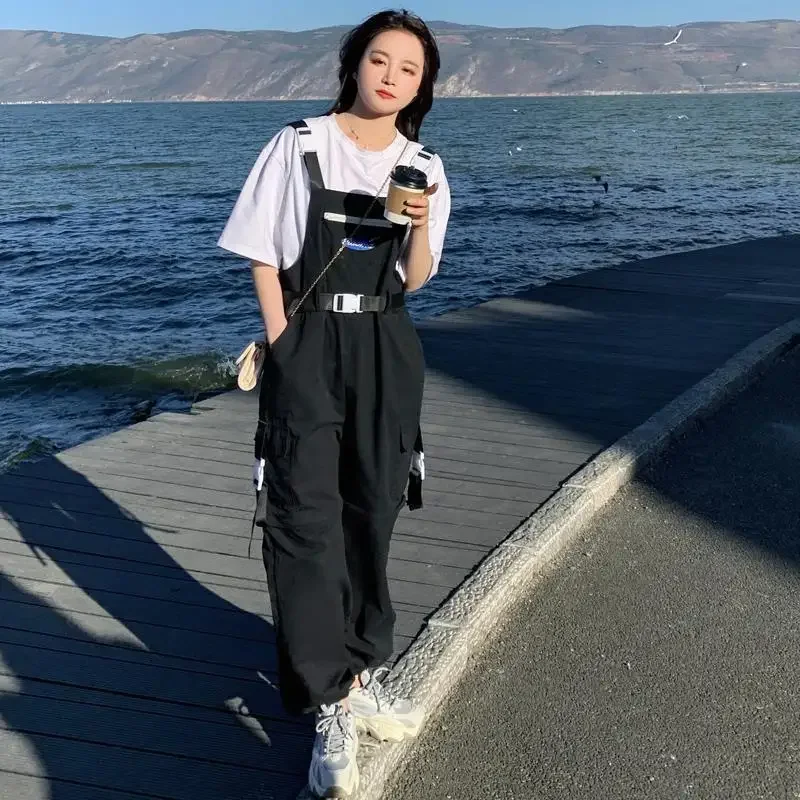 Macacões de carga feminino gótico vintage bolsos cinto streetwear kawaii verão destacável calças largas moda bf coreano preppy