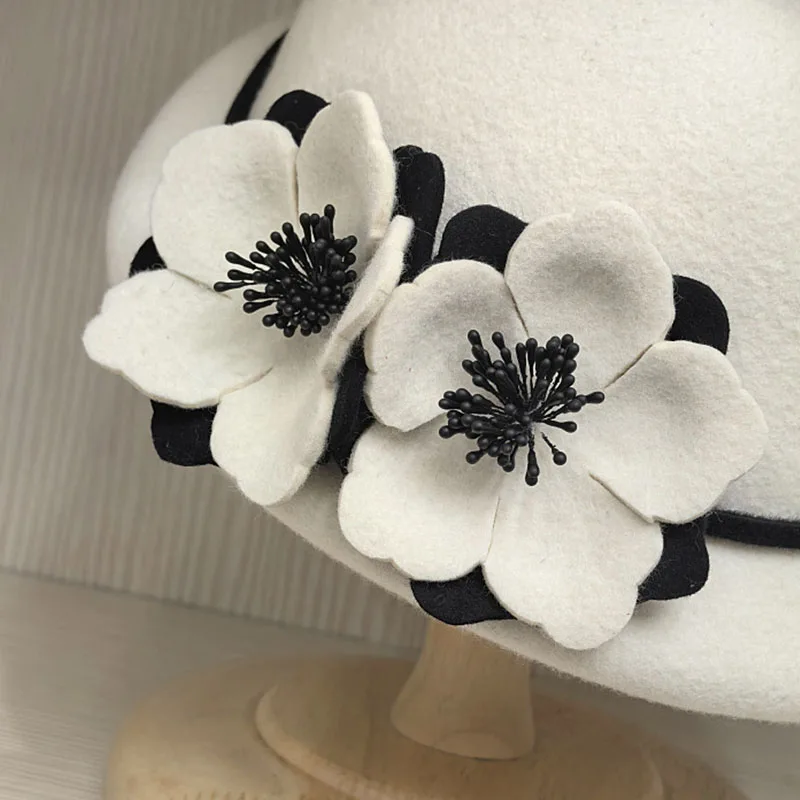 Women Flower Wool Felt Hat French Style Winter Beret Hats Fashion Vintage Millinery Top Hat Ladies Party Wedding Fedoras Chapeau