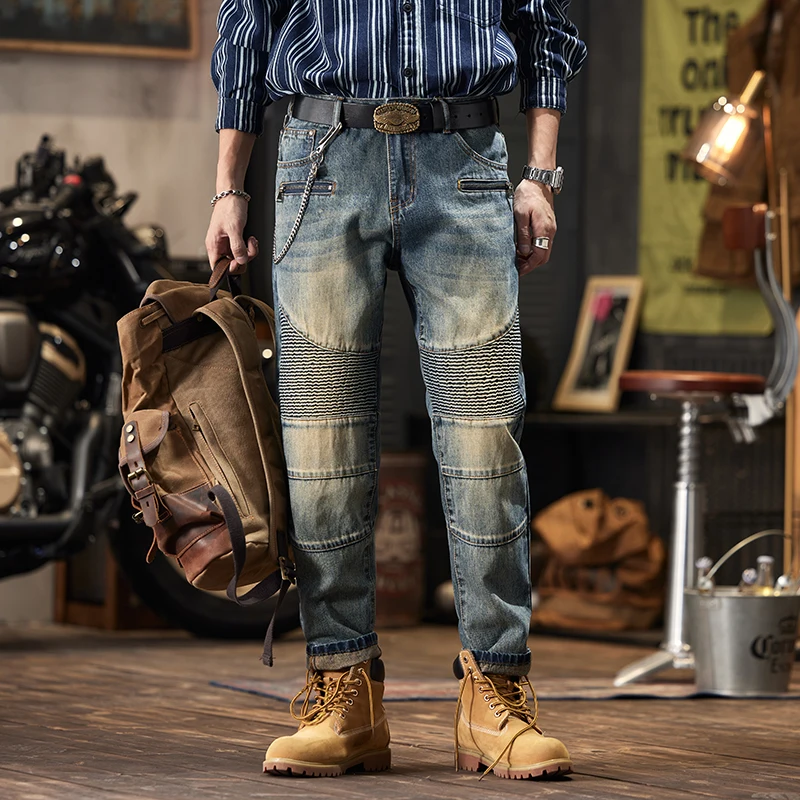 Pantalones vaqueros de retazos Retro nostálgicos para hombre, Pantalones rectos sueltos Punk gruesos, pantalones plisados personalizados para motocicleta