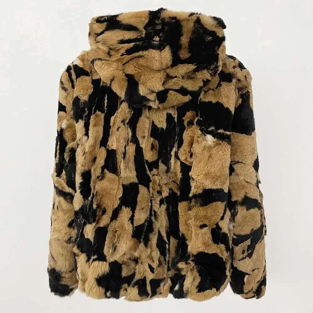 MENINA-Jaqueta com capuz estampa leopardo feminina, jaqueta casual solta quente, casaco natural de pele de coelho, espessada, outono, moda inverno