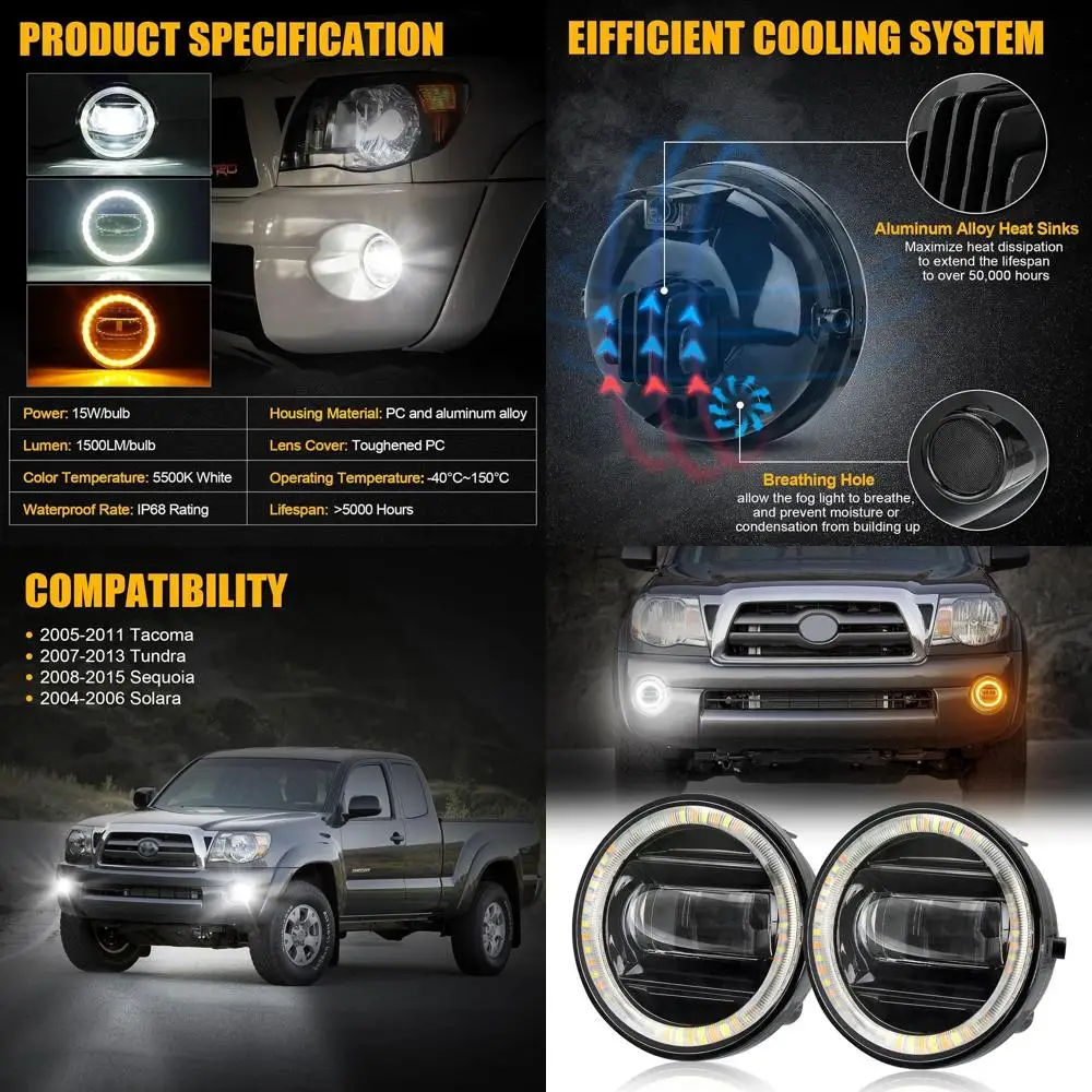 

All-Weather LED Fog Lights with Halo Ring - White DRL/Yellow Turn Signal for 2005-2011 Tacoma, 2007-2013 Tundra, 2004-2006 Solar