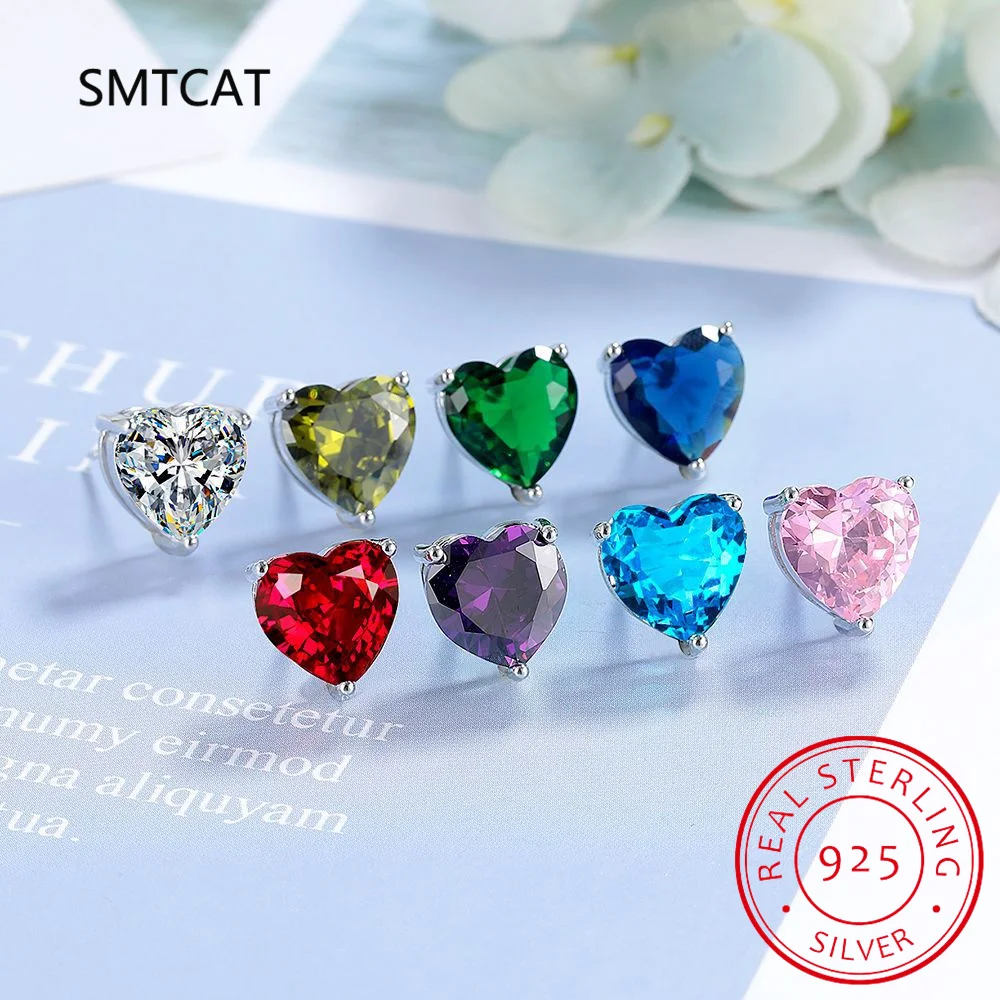 Love Heart Total 1.23ct Created Blue Sapphire 925 Sterling Silver Stud Earrings for Women Gemstone Fine Daily Jewelry Gift
