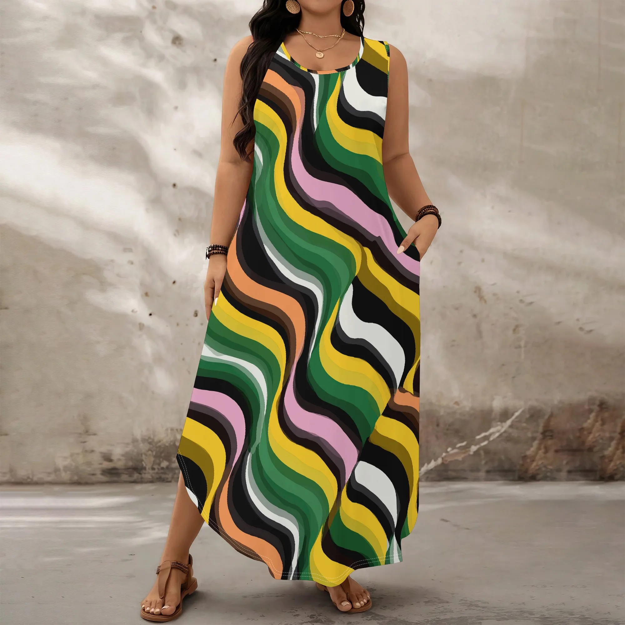 

Women's Plus Size Sleeveless Maxi Dress Abstract Wavy Print Flowy Casual Summer Beach Vacation Pocket Sundress XL-6XL