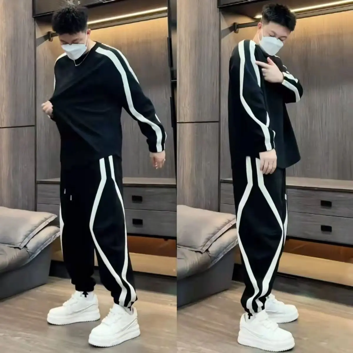 

​Men Spring Autumn Stripe Patchwork Sweatshirt Pants Set Loose Fit Sports Casual Wear​