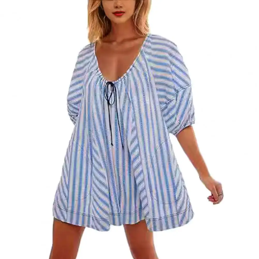 Summer Women Romper Striped Print with Low-cut V Neck Drawstring Waist Jumpsuits for A-line Female clothing 2024