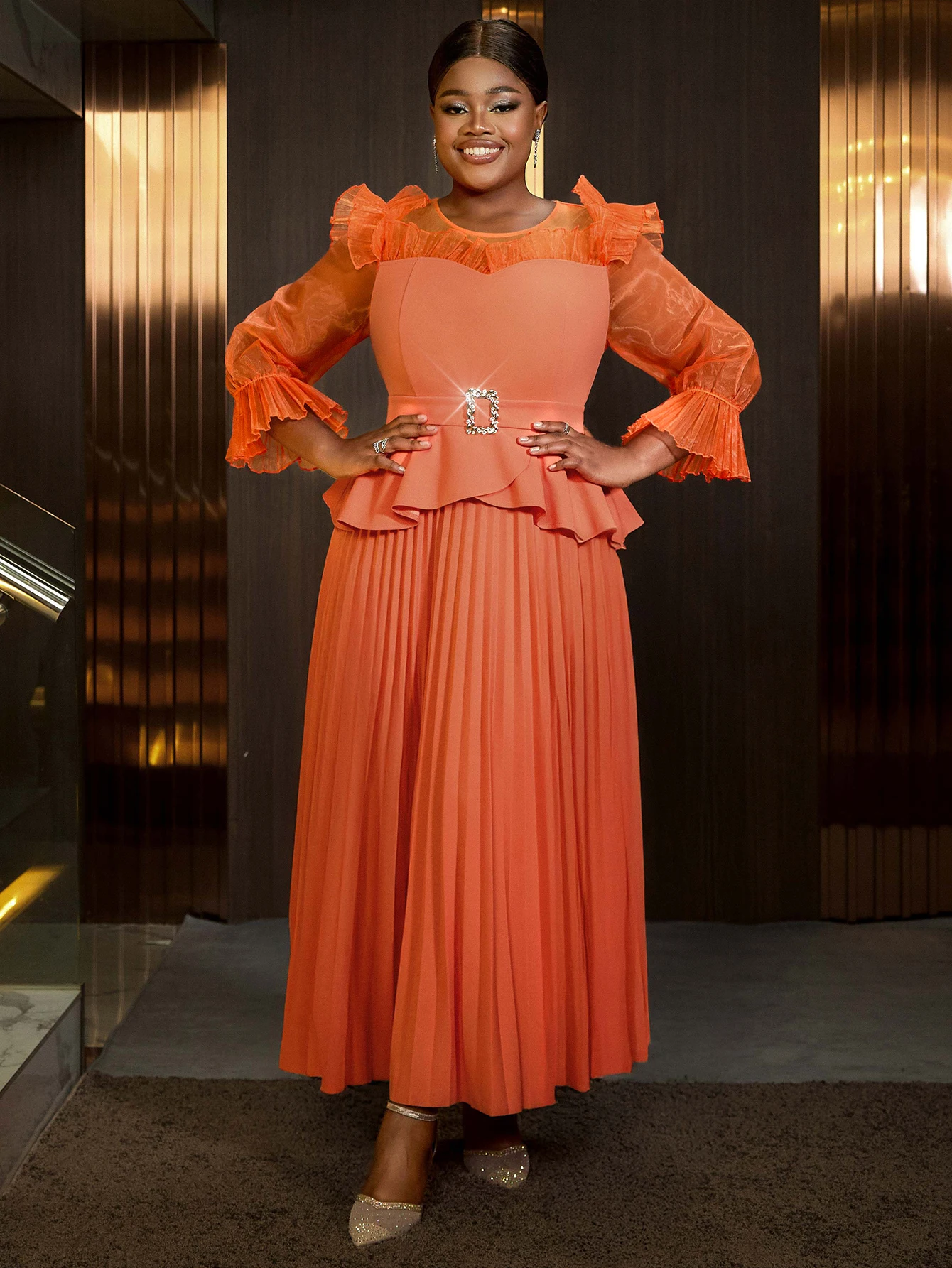 

Orange Pleated Dresses for Women O Neck Mesh Patchwork Flare Sleeve Ruffles Peplum A Line Fashion Chic Elegant Causal Party Gown