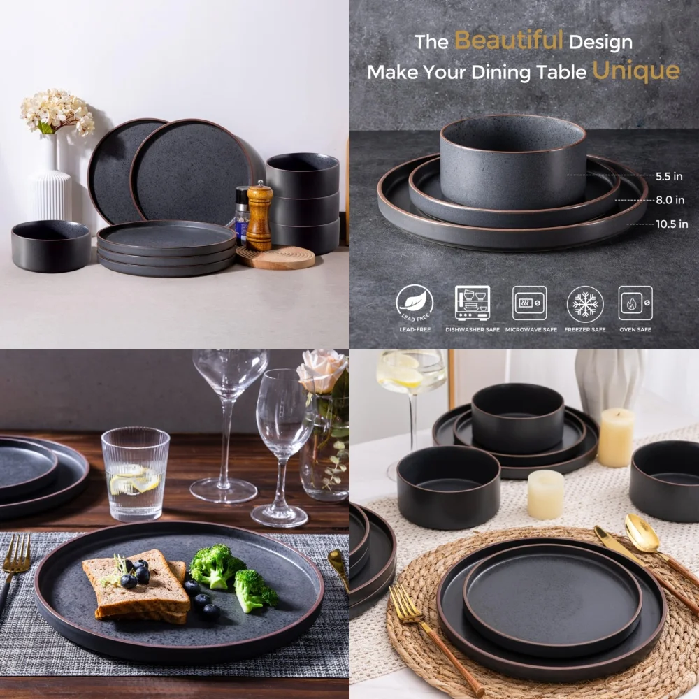 

Набор керамической посуды Набор из 4 керамической посуды с каменными тарелками с высоким краем и мисками для прочного повседневного использования