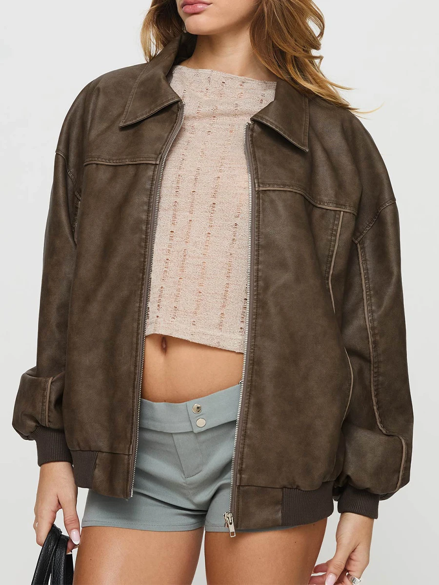 سترة نسائية كلاسيكية كبيرة الحجم من جلد البولي يوريثان معاطف للدراجات النارية بأكمام طويلة وأكتاف منسدلة معاطف فاسق ملابس خارجية