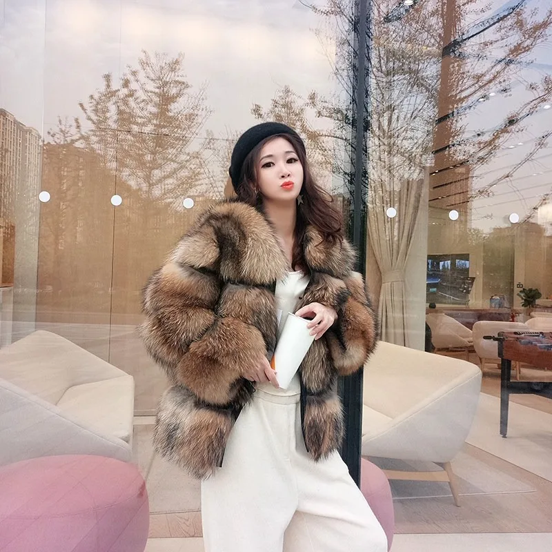 Hot-selling Women Winter High-end Real Raccoon Fur Jacket New Raccoon Fur Four-section Fur Versatile Fashionable Slim Coat