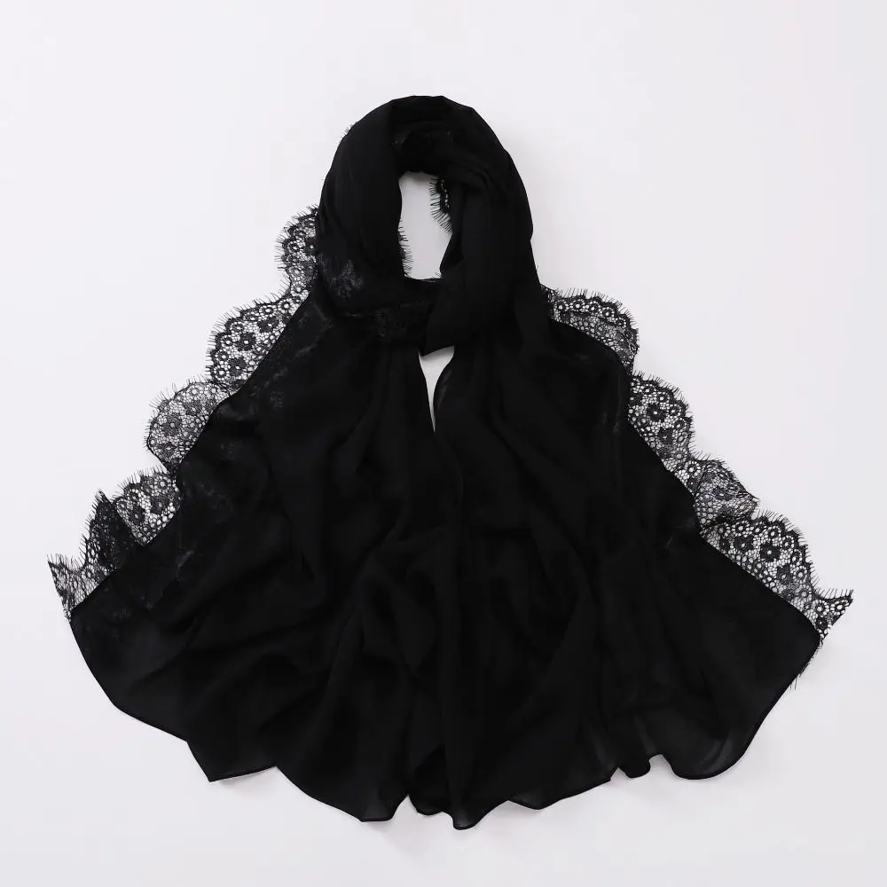 Vielseitiger Einfarbiger Seidenschal mit Spitzenkante Langer Chiffon-Hijab Weicher Atmungsaktiver Ramadan-Kopftuch Damen-Kopfbedeckung – Detail 11