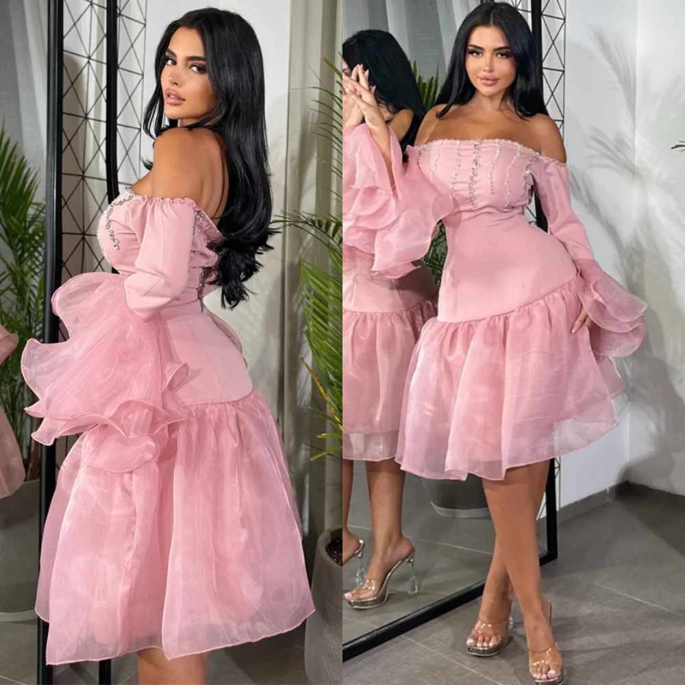 

Customized Sparkly Pink Organza Evening Dress Luxury Off the Shoulder Long Sleeves Homecoming Dresses Fashion Prom Dress