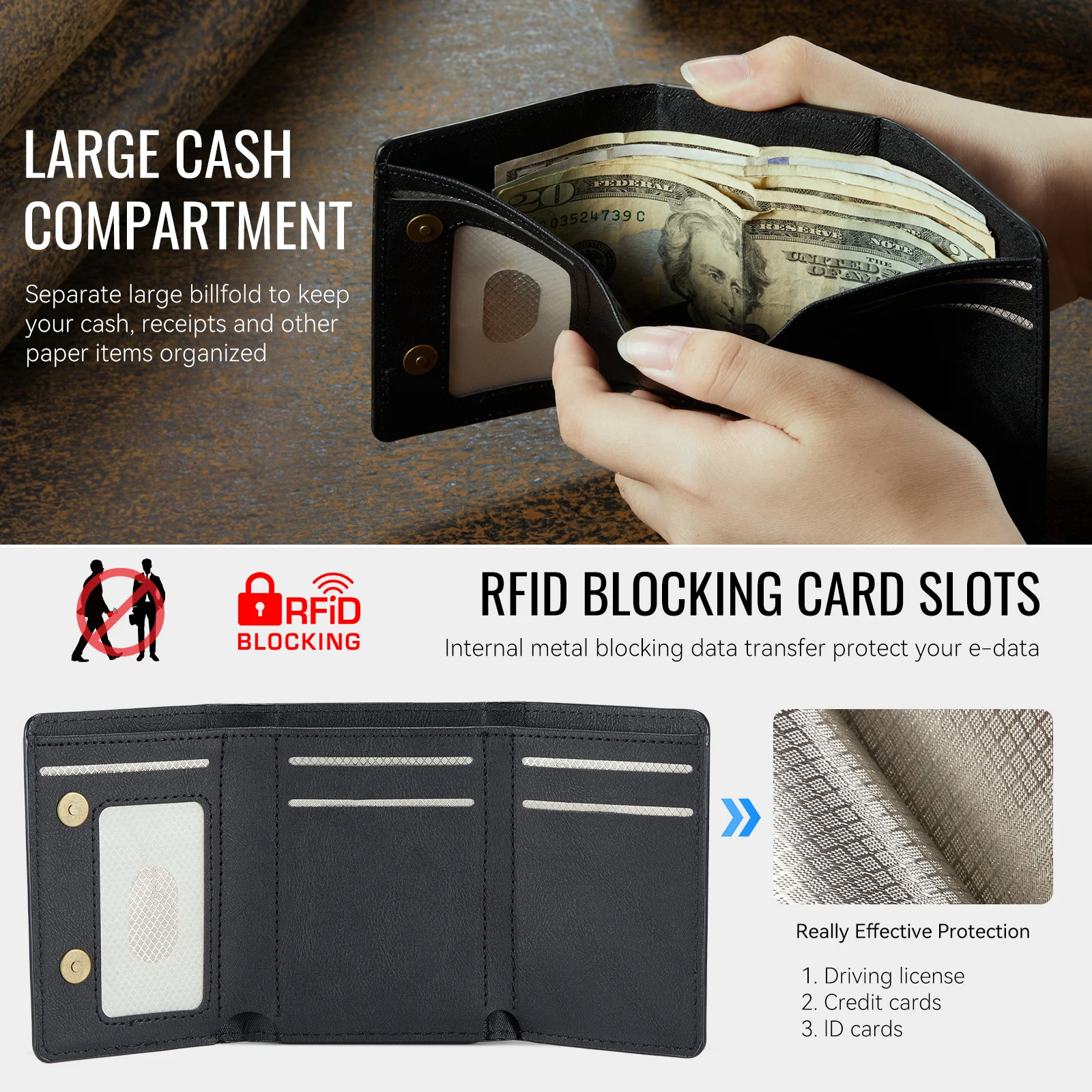 Fierre Shann Luxus-Geldbörse im Business-Design aus PU-Leder mit Klapptasche und magnetischem Schnallenständer für Kartenhalter