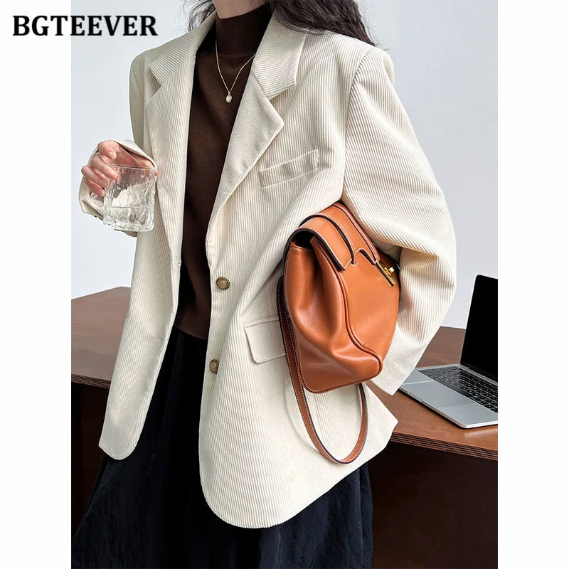 BGTEEVER Vintage Loose Corduroy Blazer Jackets for Women Long Sleeve Single-breasted Female Suit Coats Autumn Winter