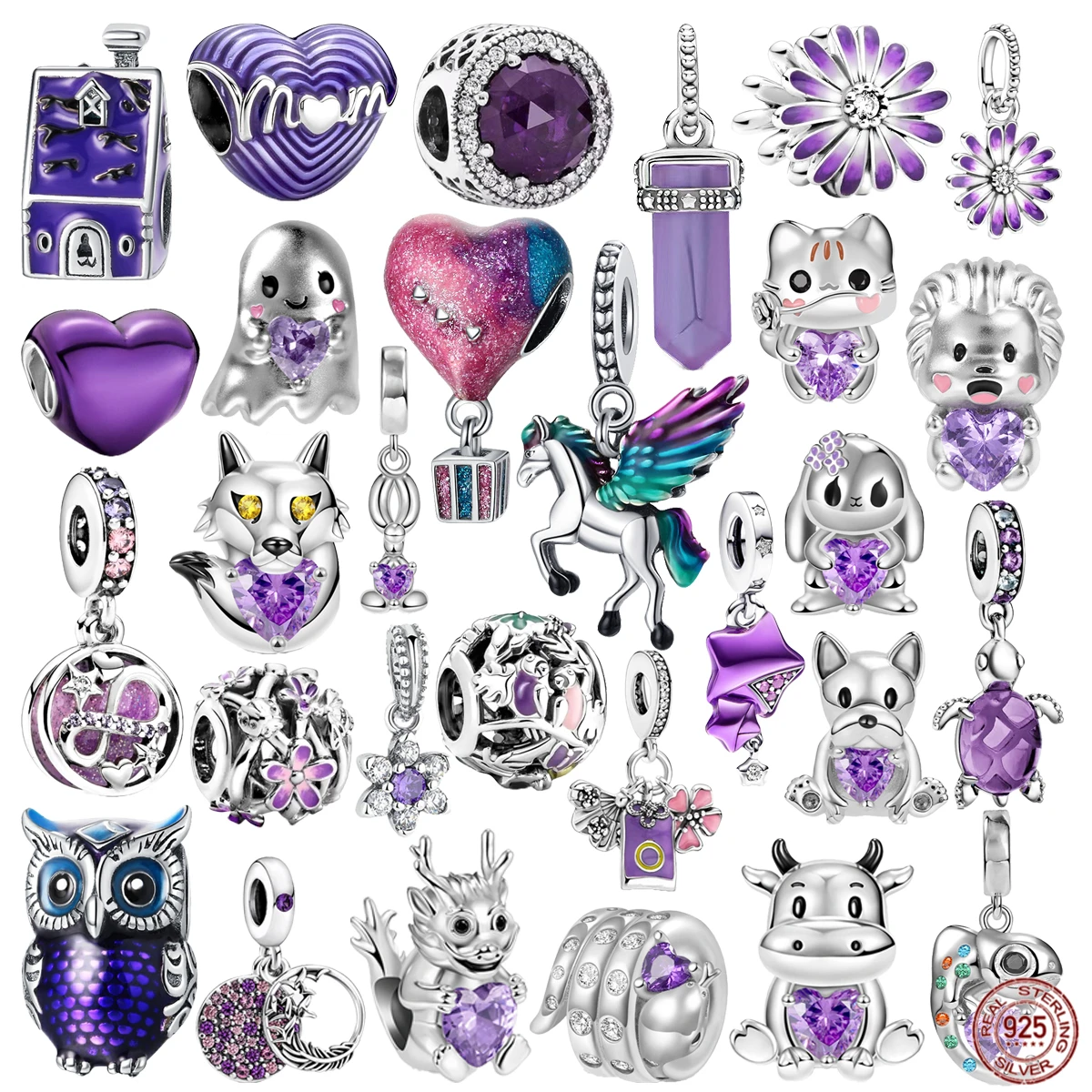 Purple Series 925 Sterling Silver Owl，Unicorn，Cat，Dangle Hot Sale Charm Bead Fit Original Pandora Bracelet DIY Fine Jewelry Gift