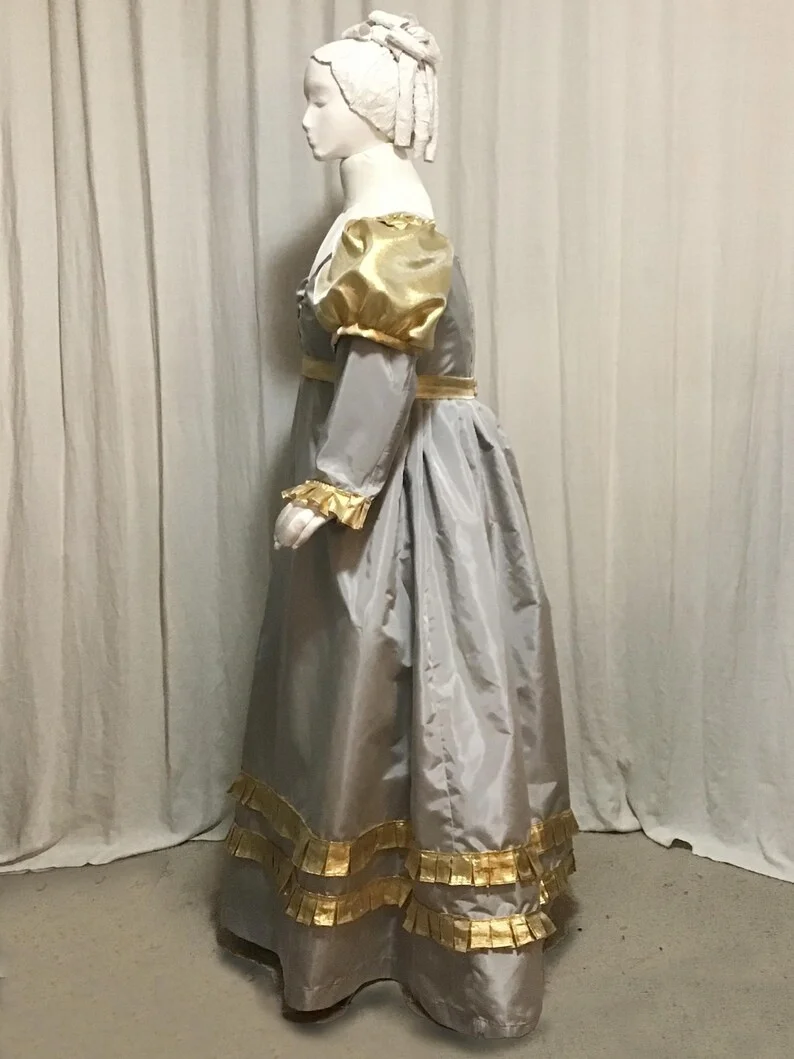 리젠시 데이 드레스 여성용 영국풍 퍼프 롱 슬리브 볼 가운 중세 제인 오스틴 하이 웨이스트 티 파티 워킹 드레스