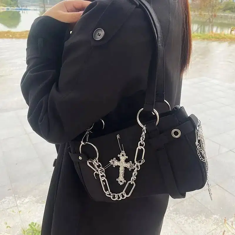 Bloom Gothic Cross Y2k Women Vintage Grunge Punk Chain Casual Shoulder Bag Female Retro Moto Biker Black Handbag Aesthetic