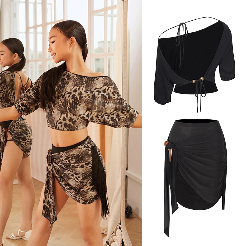

Summer Latin Dance Clothes Girls ZYM Black Leopard Tops Fringe Skirt Kids Chacha Dance Practice Clothing Performance Costume