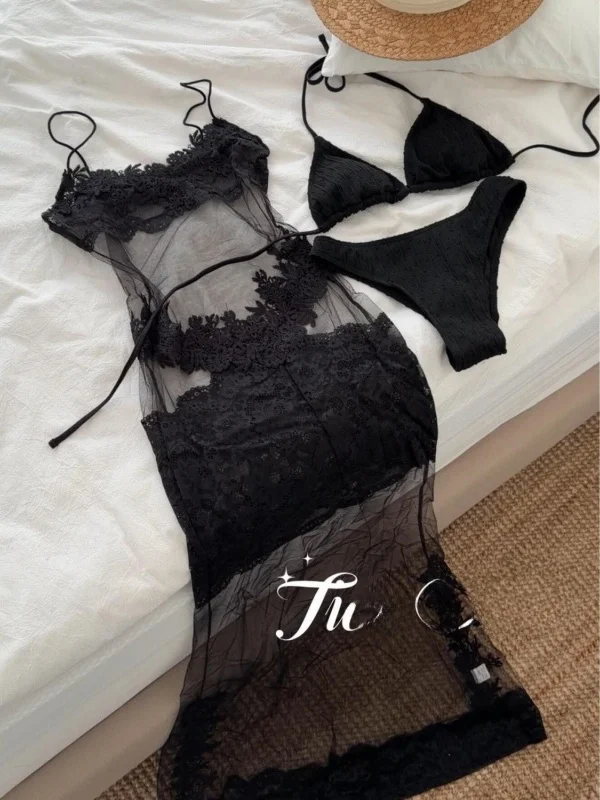 

Сексуальный комплект бикини из трех предметов: длинный купальник, кружевной пляжный костюм Pure Desire, черный танцевальный бикини-купальник с круглым вырезом и вставками для груди