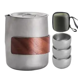 Camping Tableware Set Lightweight Titanium Coffee Pot Tea Kettle Outdoor Camping Kettle Set 3 Cups Tea Set For Hiking Picnic