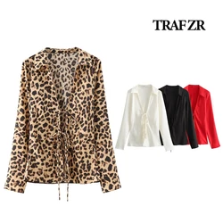 TRAF ZR Animal Print Tied Straps Blouse 2024 Woman Basic Cardigan Long Sleeve Slit At Cuff Outfit Opening and Tied Bows At Chest