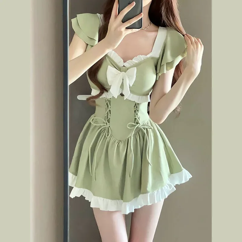 Ins Style Sweet Cute Green Swimsuit women summer Conservative Swimwear One Piece Suits Vacation Beachwear Princess Skirts