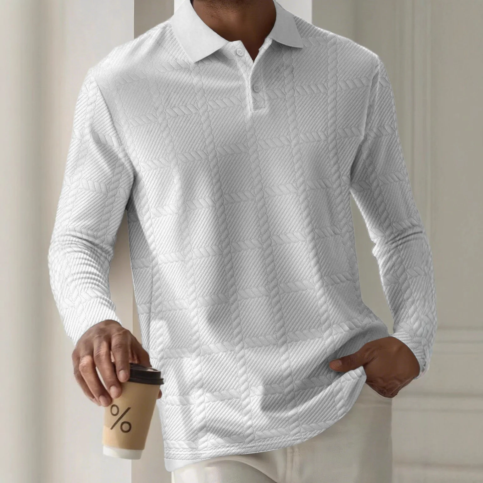 

Winter and autumn men's polo shirt with check pattern, trendy solid color, casual collar, button fastening, long sleeve top
