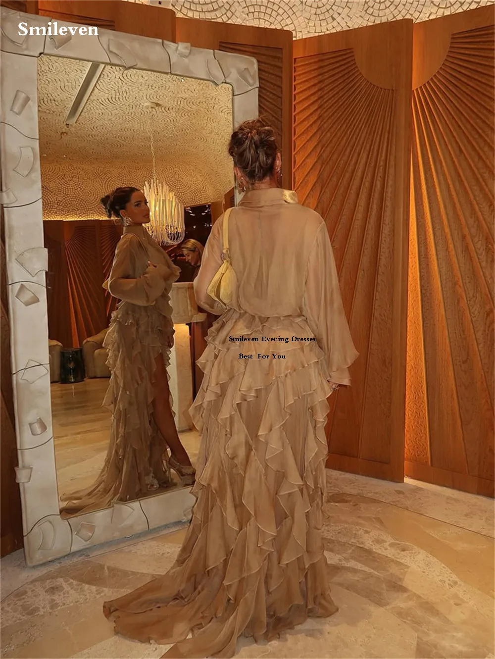 Smileven Sexy High Low Abendkleider Stehkragen Volle Ärmel Mädchen Cocktailkleider Plissee Prom Party Kleider Angepasst