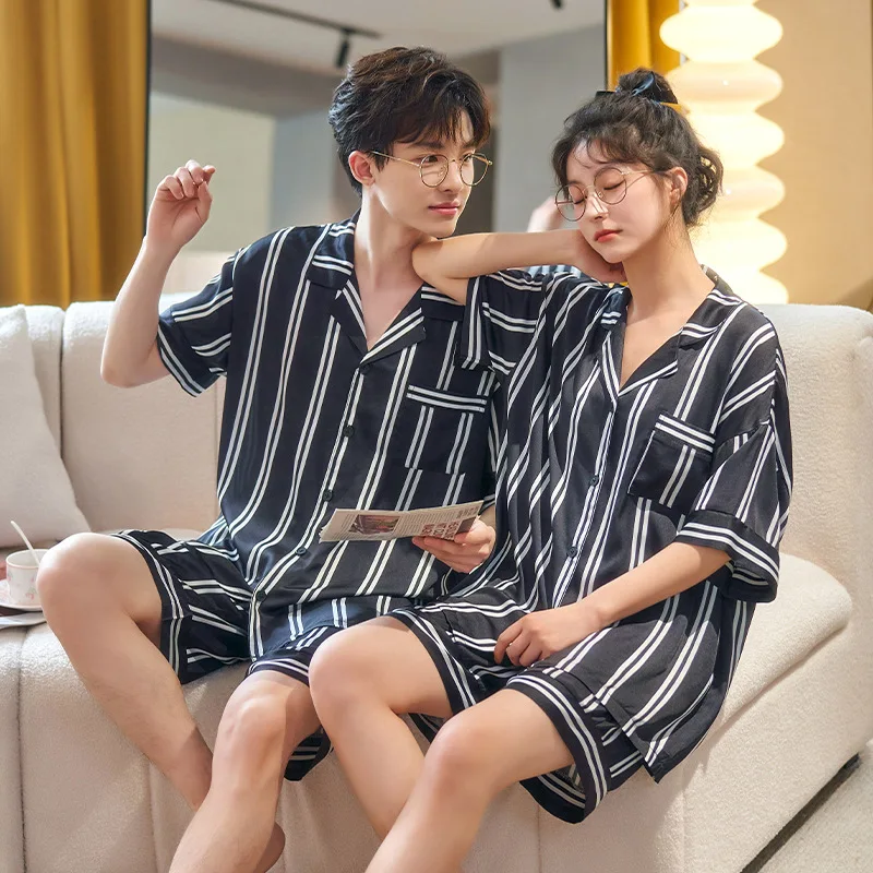 Summer Male Female Loungewear Short Sleeve Shorts Couple Pajamas Ice Silk Cardigan Lapels Solid Color Home Clothes