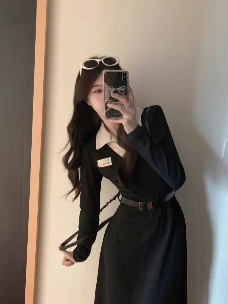 Large Size POLO Collar Zipper Black Base Long Skirt Fat Mm Korean Drama Female Lead Waist Cinching Slimming Long Sleeved Dress