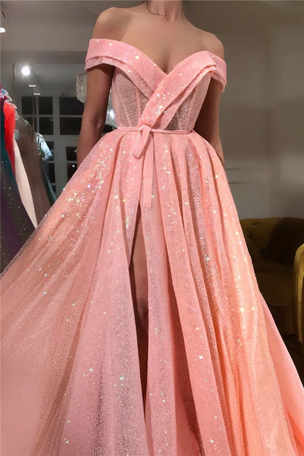 Tulle A Line Evening Dresses Peach Pink Sequin Off Shoulder With Sashes High Split Wedding Formal Party Gowns Vestido De Fiesta