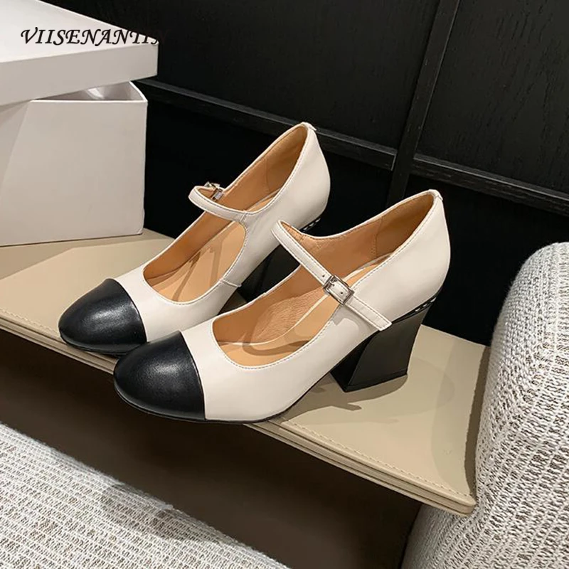 

French Style Mary Jane Shoe 2024 Autumn New Round Toe Chunky Heel Women Pump Genuine Leather Patchwork Buckle Strap Single Shoes