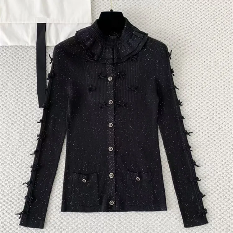 

Customized New Winter 2025 styles of European and American women's clothing Long-sleeved bow with silver thread Knitted sweater
