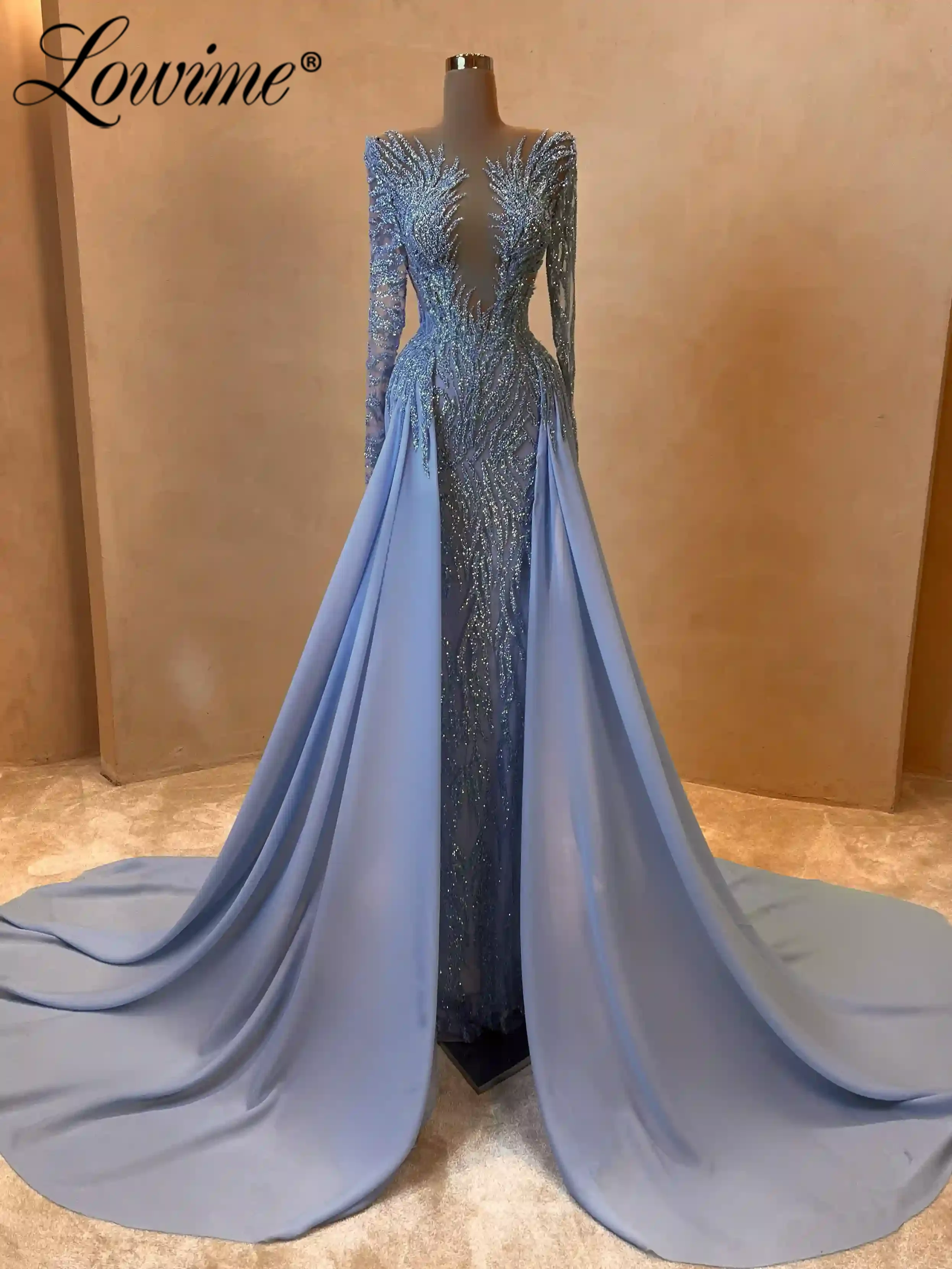 

Blue Long Prom Dresses Full Sleeves Beaded Evening Gowns 2026 Vestidos De Gala Women Celebrity Party Dress Customized Overskirt