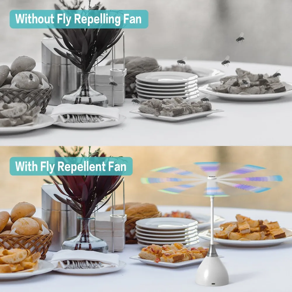Fly Fans for Tables, Fly Repellent Fan with Soft Blades, USB or Batteries Powered, Soundless and Portable, for Picnic BBQ Party