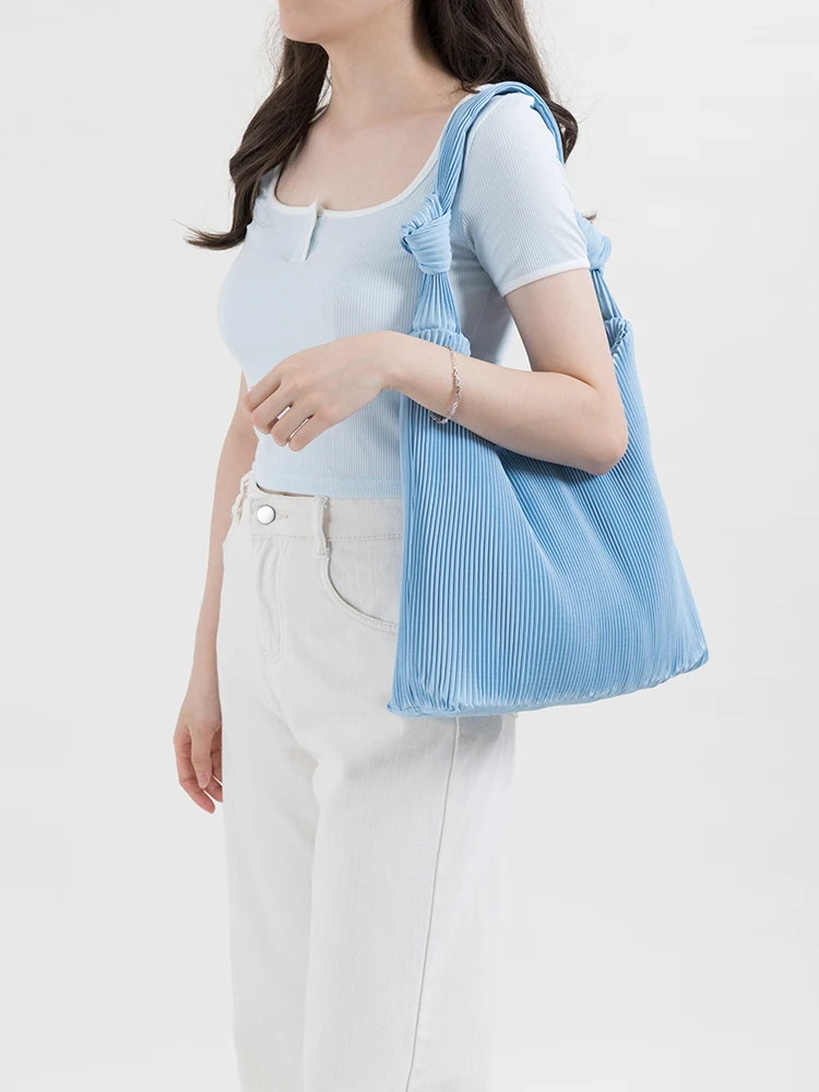 MABULA Luxury Designer Blue Pleated Hobo Shoulder Purse 2023 Fashion Knot Nylon Tote Handbag Simple Women Underarm Shopping Bag