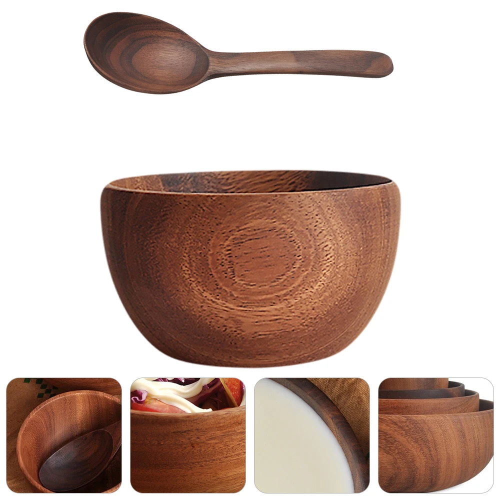 

2Pcs Acacia Wooden Bowl Spoon Set Practical Salad Rice Soup Serving Bowls Snack Dessert Container