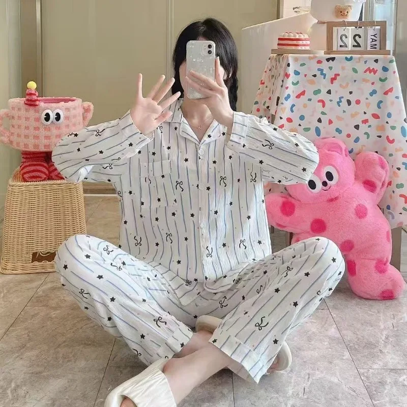 가을, 겨울 여성의 달콤한 줄무늬 긴 소매 사계절 잠옷 학생 잠옷 플러스 사이즈 폴리 에스터 직물 잠옷