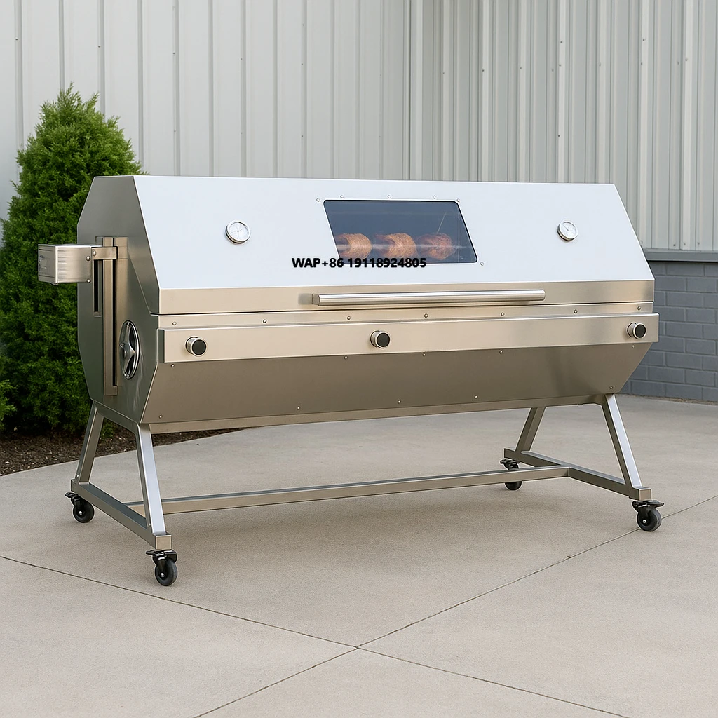 

Gas Spit Rotisserie Roaster with Hooded Grill - Propane Charcoal Santa Maria Style for Lamb Pig Roasting, Industrial BBQ