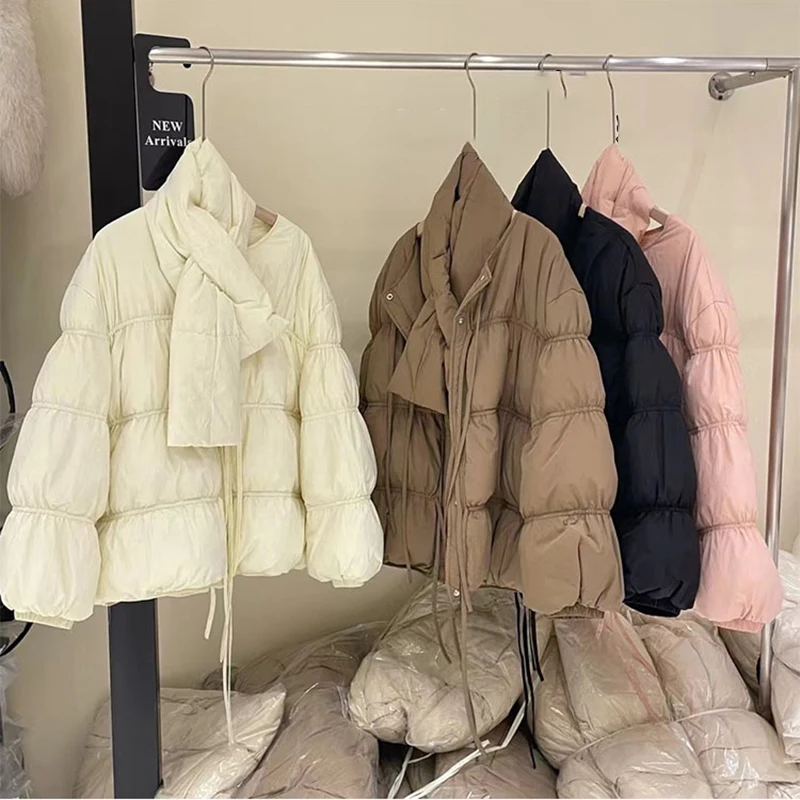 

Winter Short Lace Up with Scarf Down Jacket Female Solid Thick Warm Parker Outwears Women White Duck Down Drawstring Down Jacket