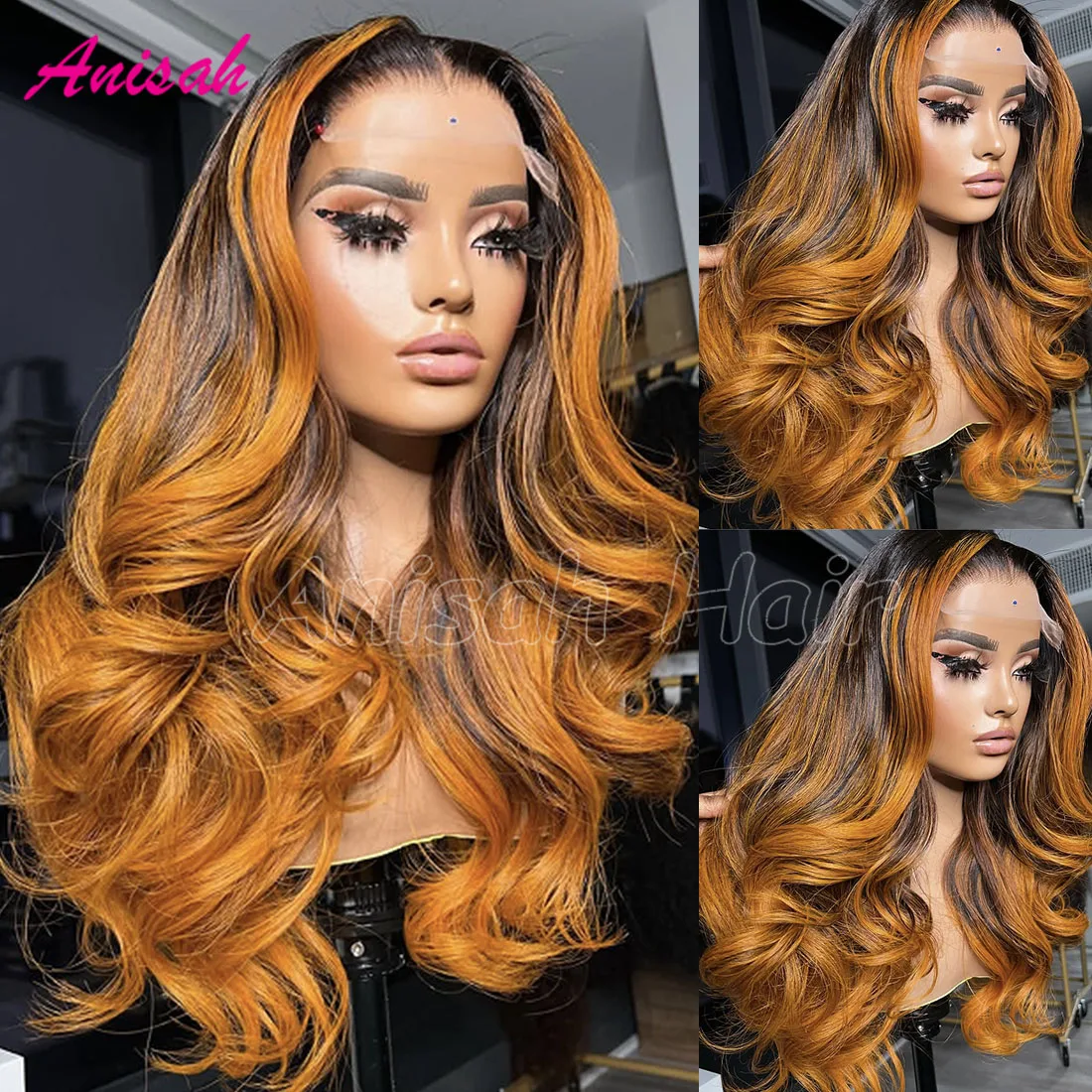 

Ombre Ginger Orange and Black Highlight Lace Frontal Wigs Human Hair Transparent Lace Closure Body Wave Wig Pre Plucked