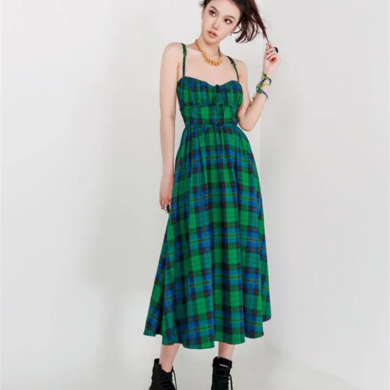 Vintage Green Plaid Backless Strap Dress Women's Sexy Sweet Sleeveless Lace-up Beach Dresses Vestidos De Verano Mujer 2023