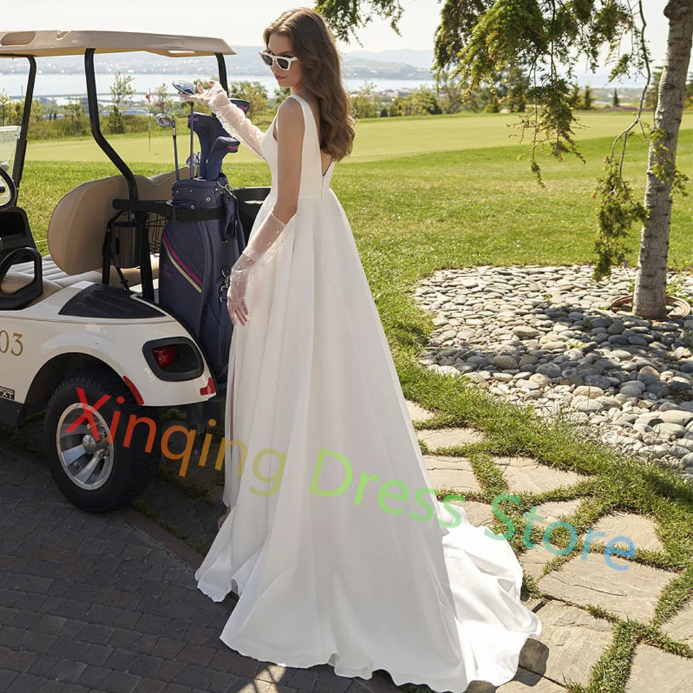 Customized White Satin and Chiffon Side Slit Wedding Dresses Modern V-Neck Court Train Bridal Gowns High Quality Robe de Soirée