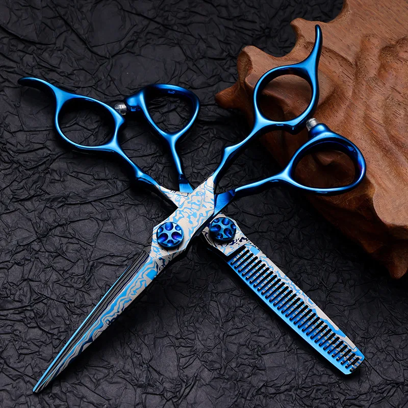 6-Zoll-blaues professionelles Friseurscheren-Set, nahtloser, flacher Pony, texturierende, dünner werdende Schichtung, Haarschneiden